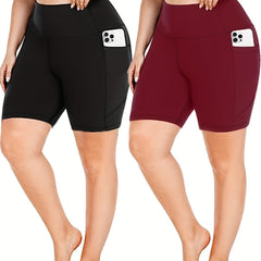 2 Pack Plus Size High Rise Yoga Shorts Set With Phone Pockets
