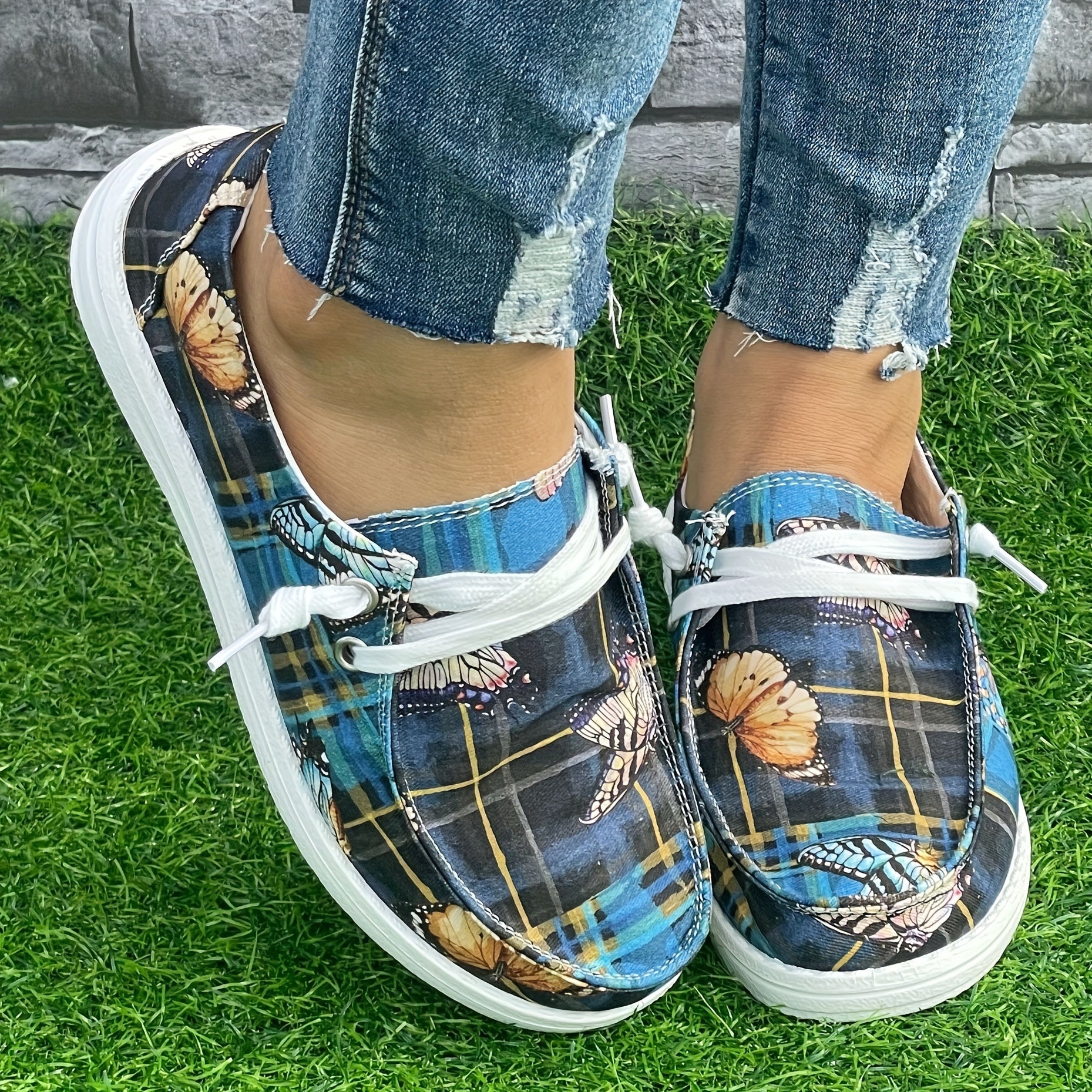 Butterfly & Plaid Pattern Flat Canvas Shoes Women's Slip On Casual Shoes