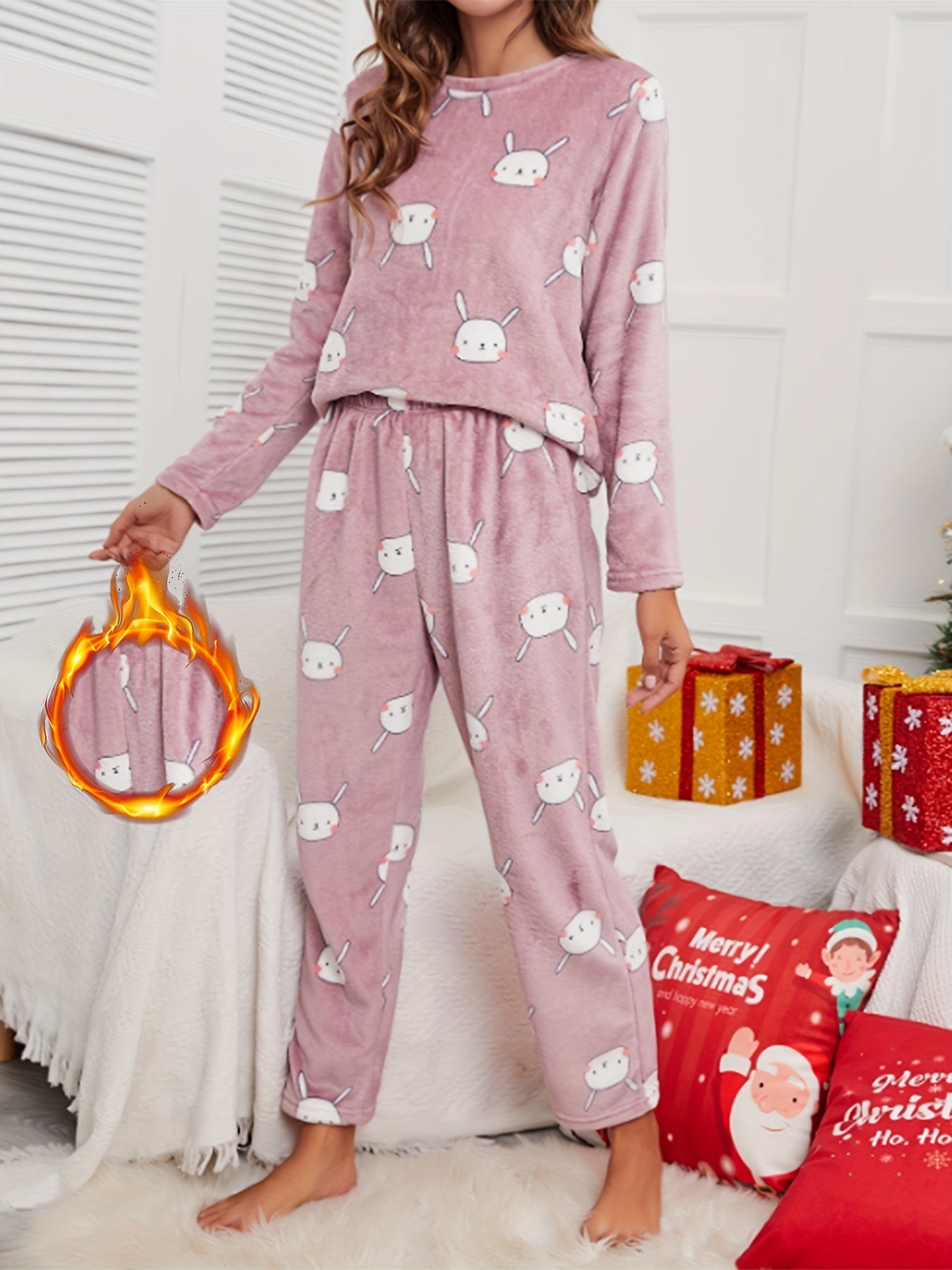 Bunny Pattern Plush Pajama Set Long Sleeve Top & Pants