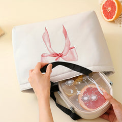 Pink Bow Print Lunch Bag Insulated Reusable Leak Proof Thermal Tote