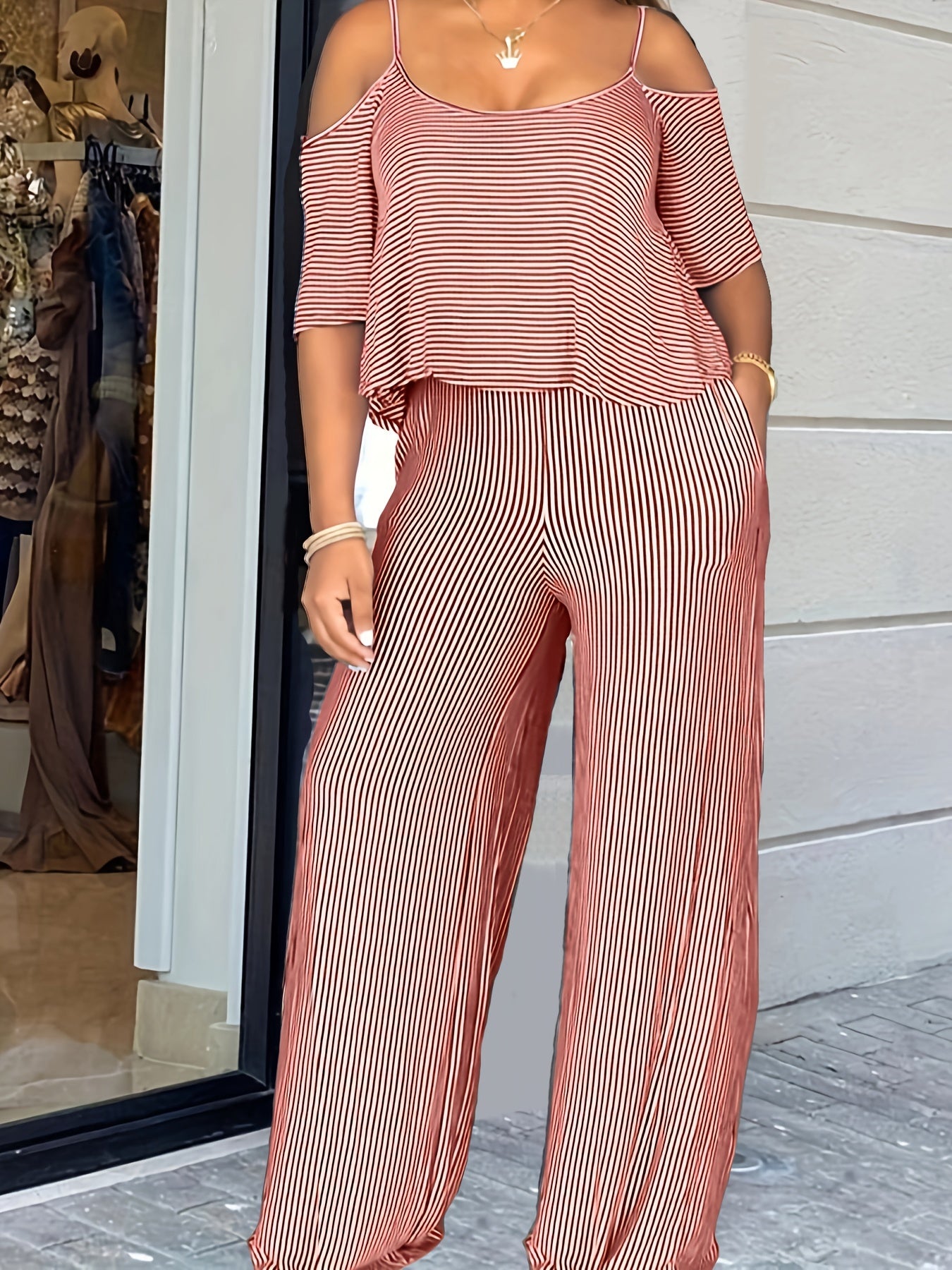 Stripe Print Cold Shoulder Top & Wide Leg Pants 2 Piece Set