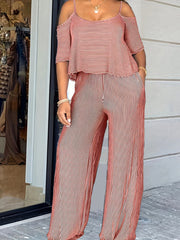 Stripe Print Cold Shoulder Top & Wide Leg Pants 2 Piece Set