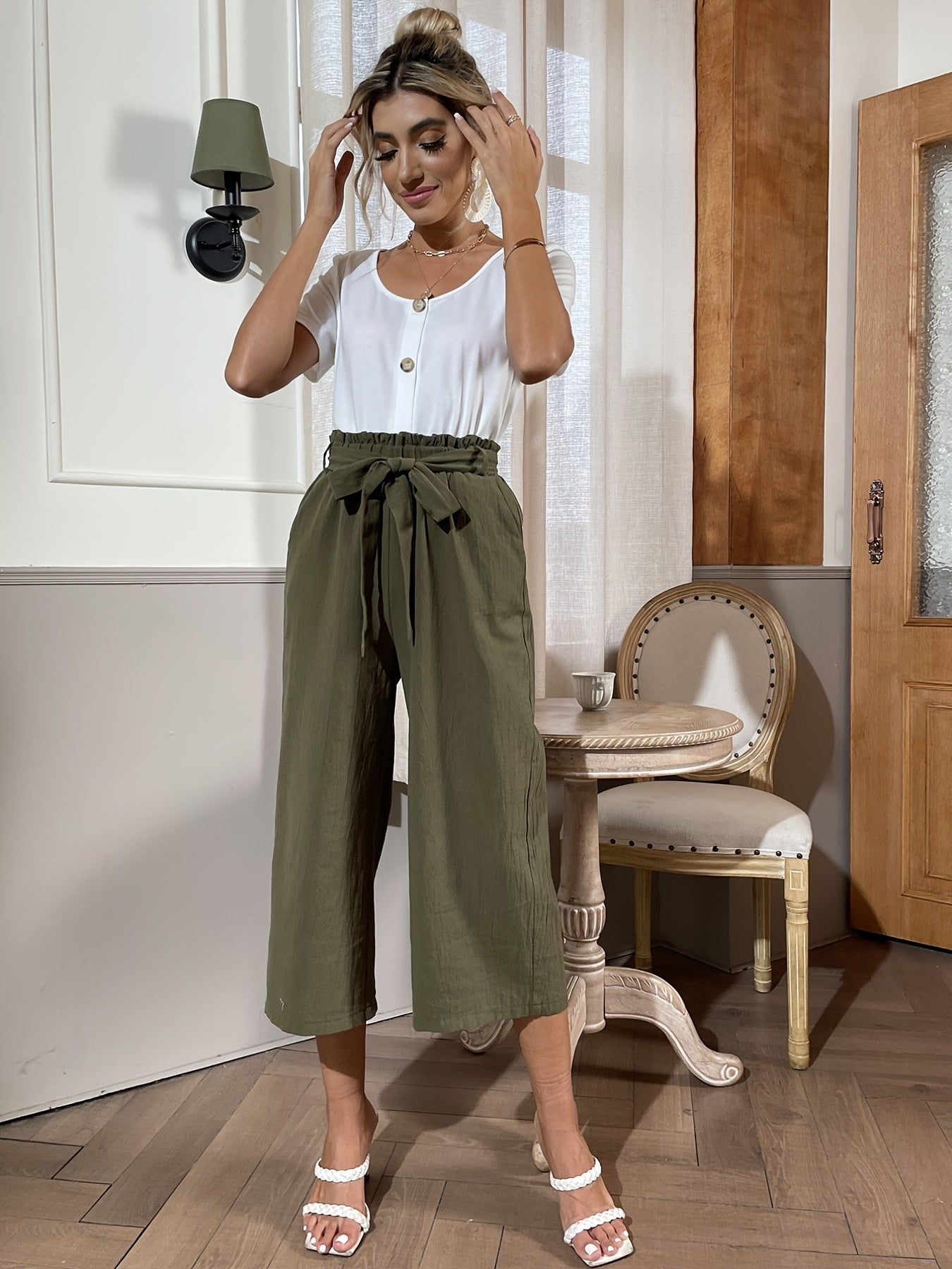 Casual Two Piece Set Button Front T-Shirt & Tie Front Crop Pants Outfits
