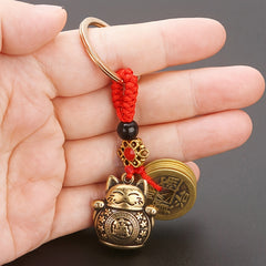 Lucky Cat 5 Emperors Keychain Solid Brass Car Key Ring