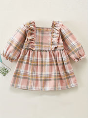 Baby Girl Plaid Print Ruffle Sleeves Thick Dress
