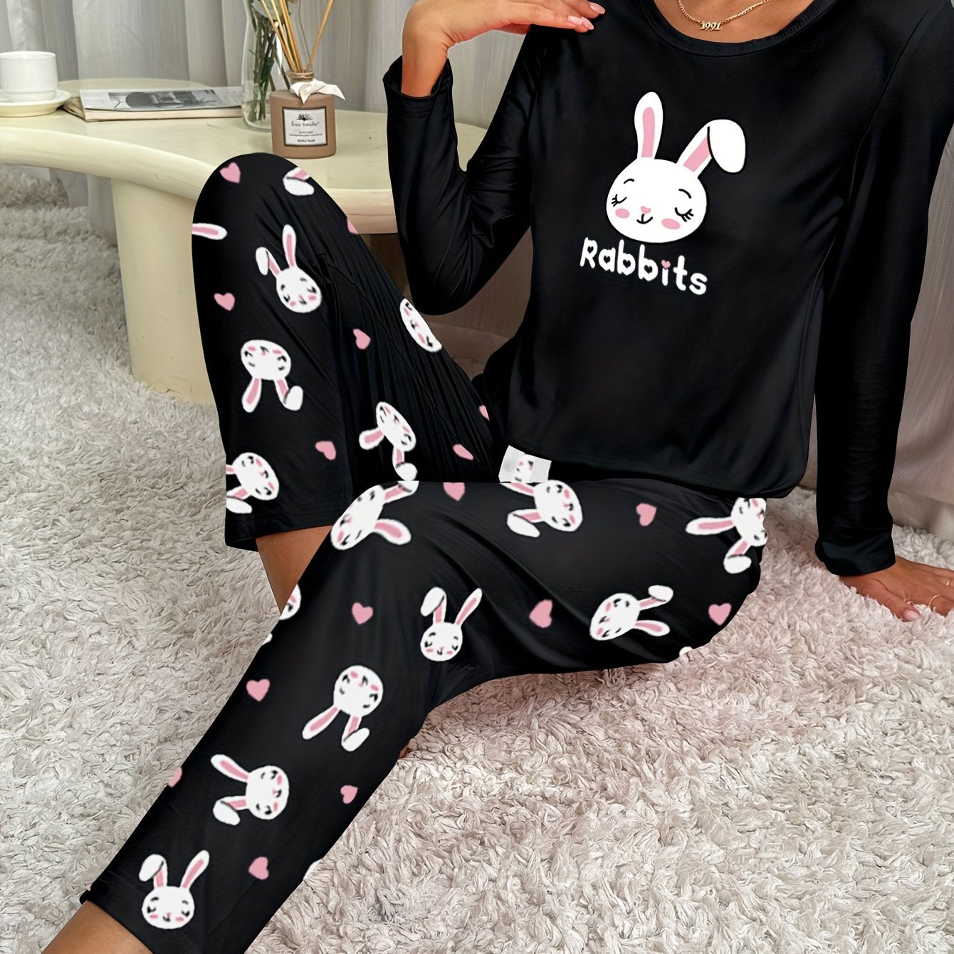 Rabbit Print Pajama Set Short Sleeve Crew Neck Top & Pants
