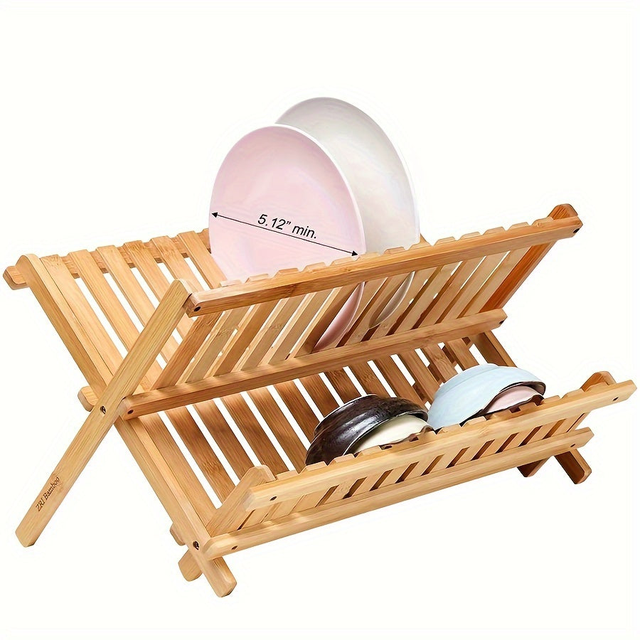 2 Tier Bamboo Dish Drying Rack Collapsible Foldable Kitchen Plate Drainer