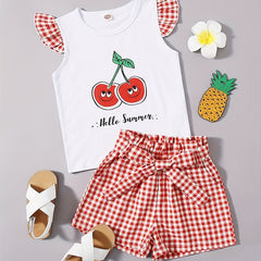 2pcs Toddler Girls Cherry Ruffle T Shirt & Plaid Shorts Set Kids Summer Clothes