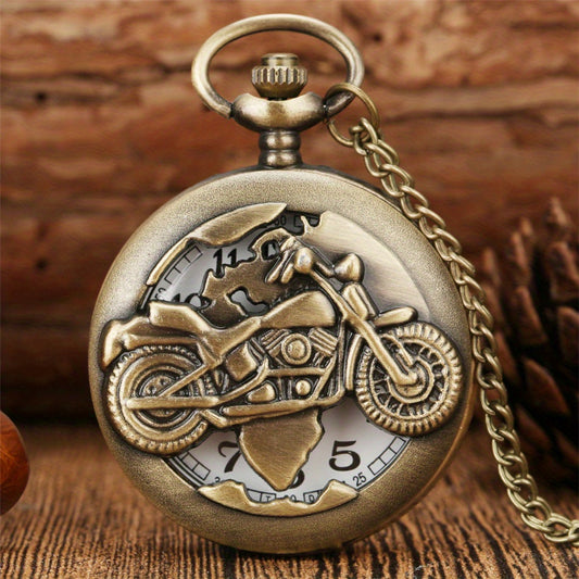 Vintage Bronze Hollow Out Motorcycle Pocket Watch
