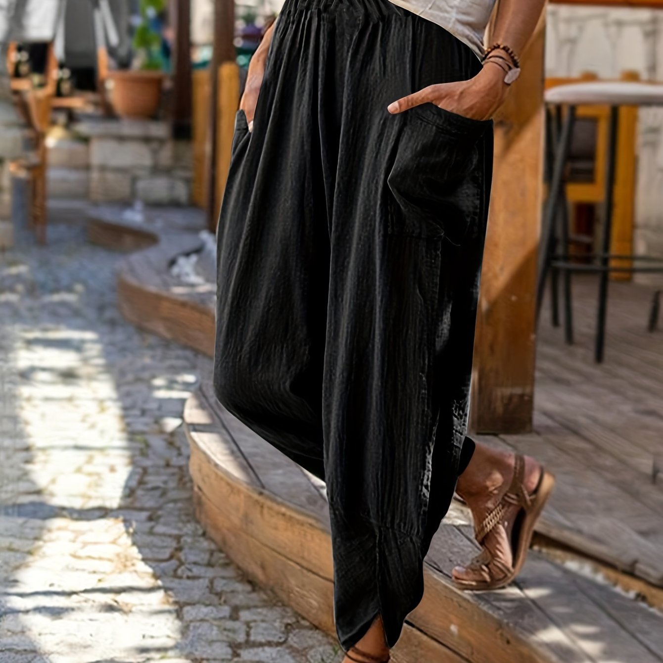 Patched Pockets Solid Pants Casual Pants For Spring & Summer