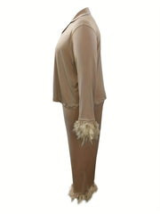 Women's Plus Fuzzy Trim Button Up Pajama Set