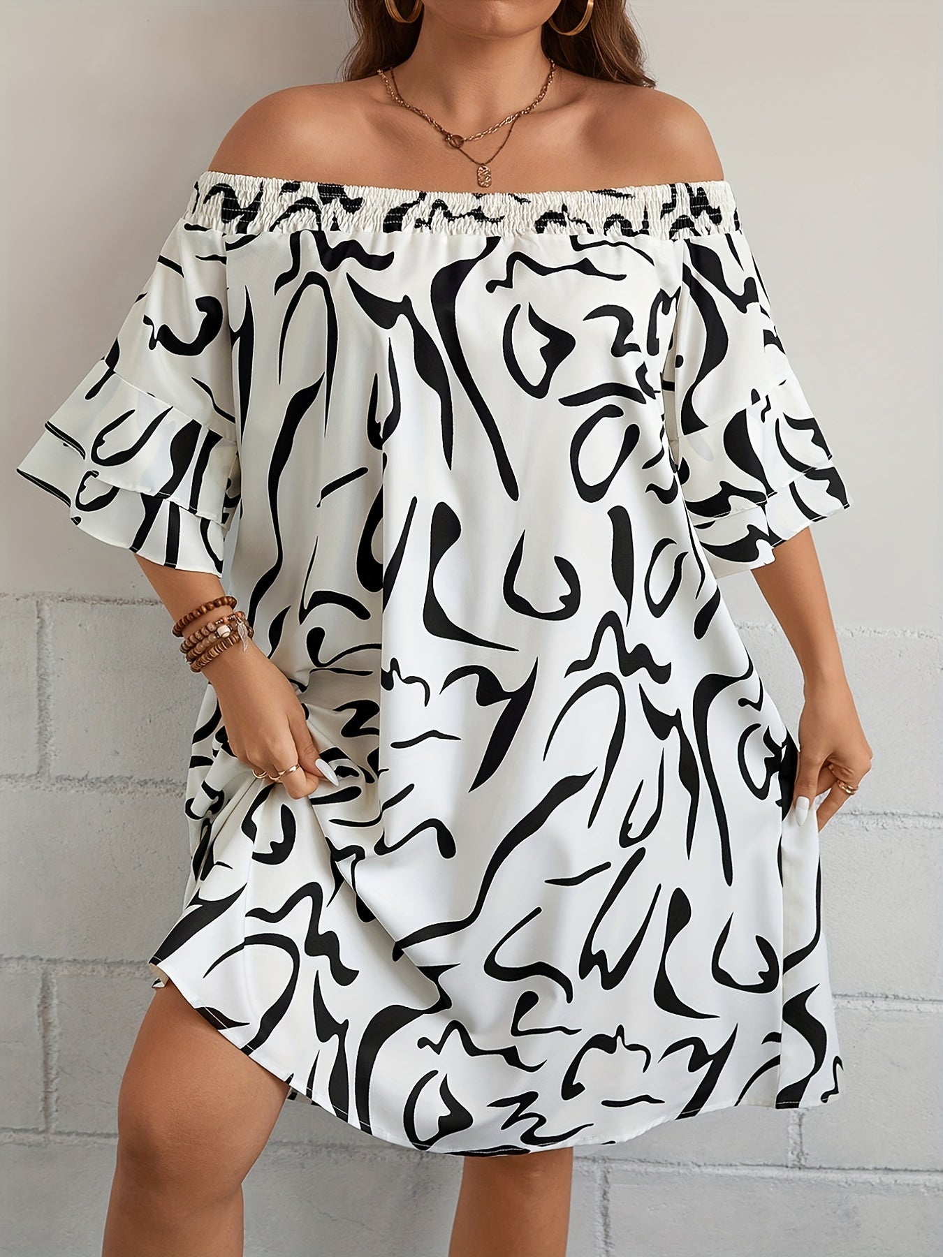 Graffiti Print Off Shoulder Bell Sleeve Dress