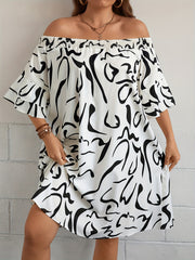 Graffiti Print Off Shoulder Bell Sleeve Dress