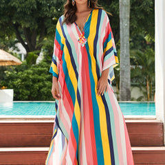 Boho Stripe Batwing Sleeve V Neck Plus Size Cover Up Dress
