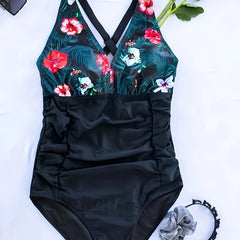 Colorblock Tropical Print V Neck One Piece Swimsuit
