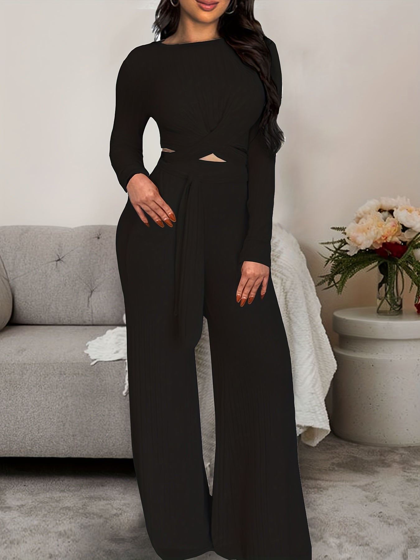 Solid Lounge Set Crew Neck Strappy Top & Pants