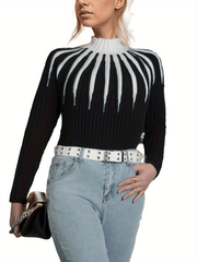 Block Knit Sweater High Neck Ribbed Sweater Women's Clothing