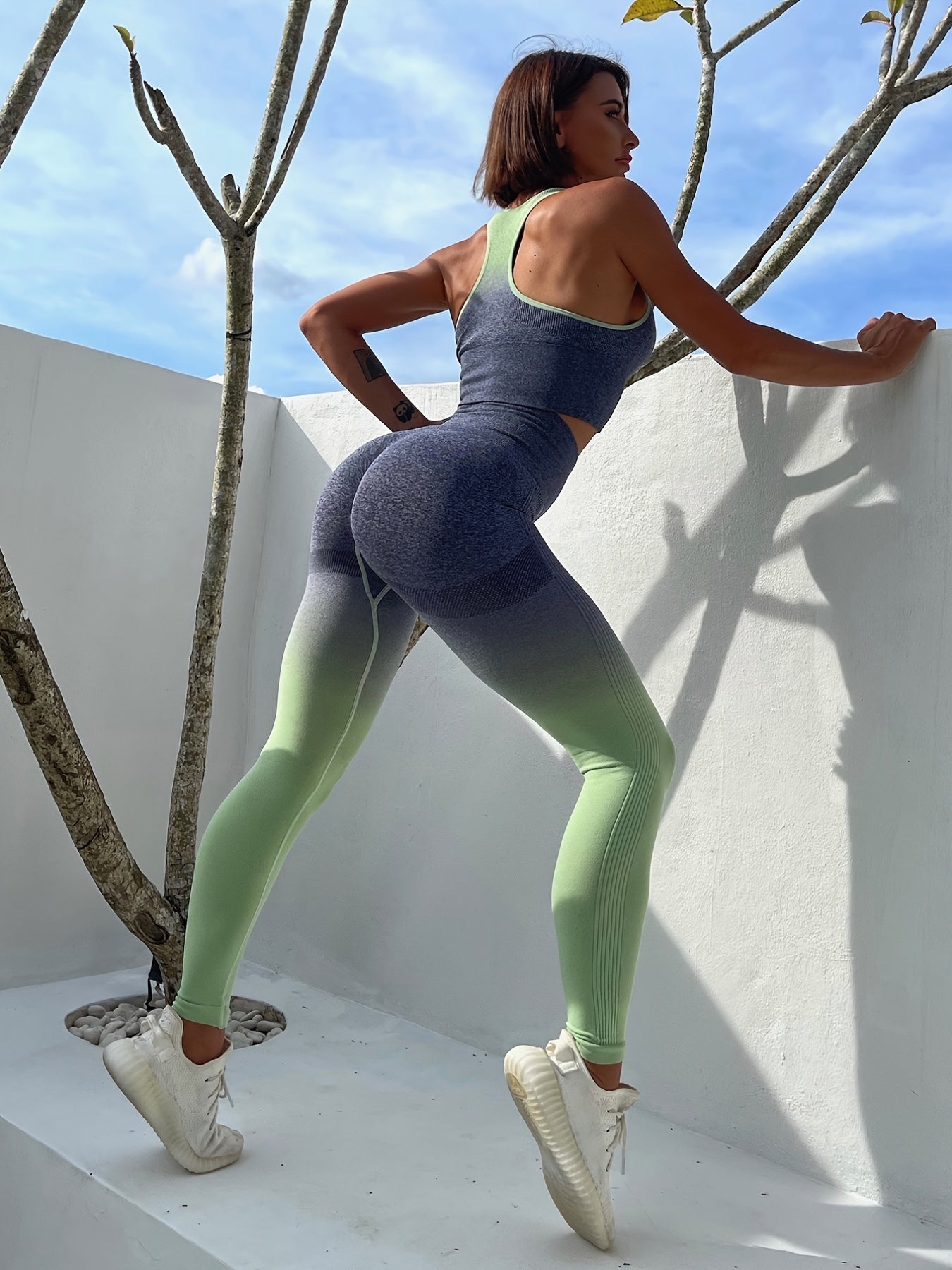 2pcs Ombre Fitness Set Sleeveless Sports Bra & Leggings Women's Activewear