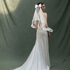 Bow Bridal Veil Tassel Leaf Pattern Double Layer Mesh Headpiece