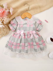 Baby Girls Plaid Dress with Puffy Sleeves and Bow