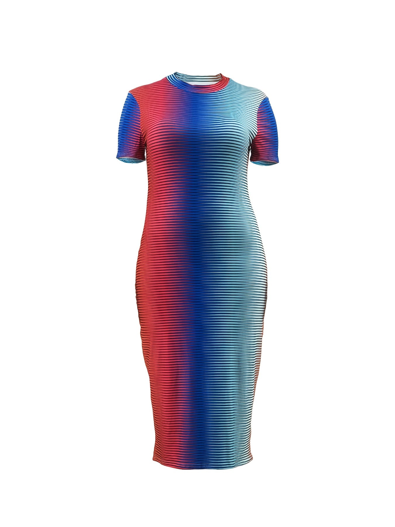 Ombre Striped Print Short Sleeve Slim Fit Maxi Dress Women's Plus