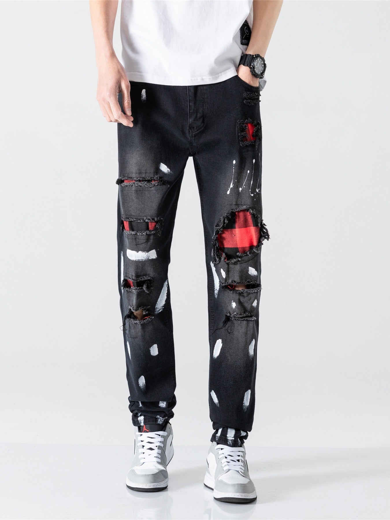 Solid Ripped Long Length Jeans
