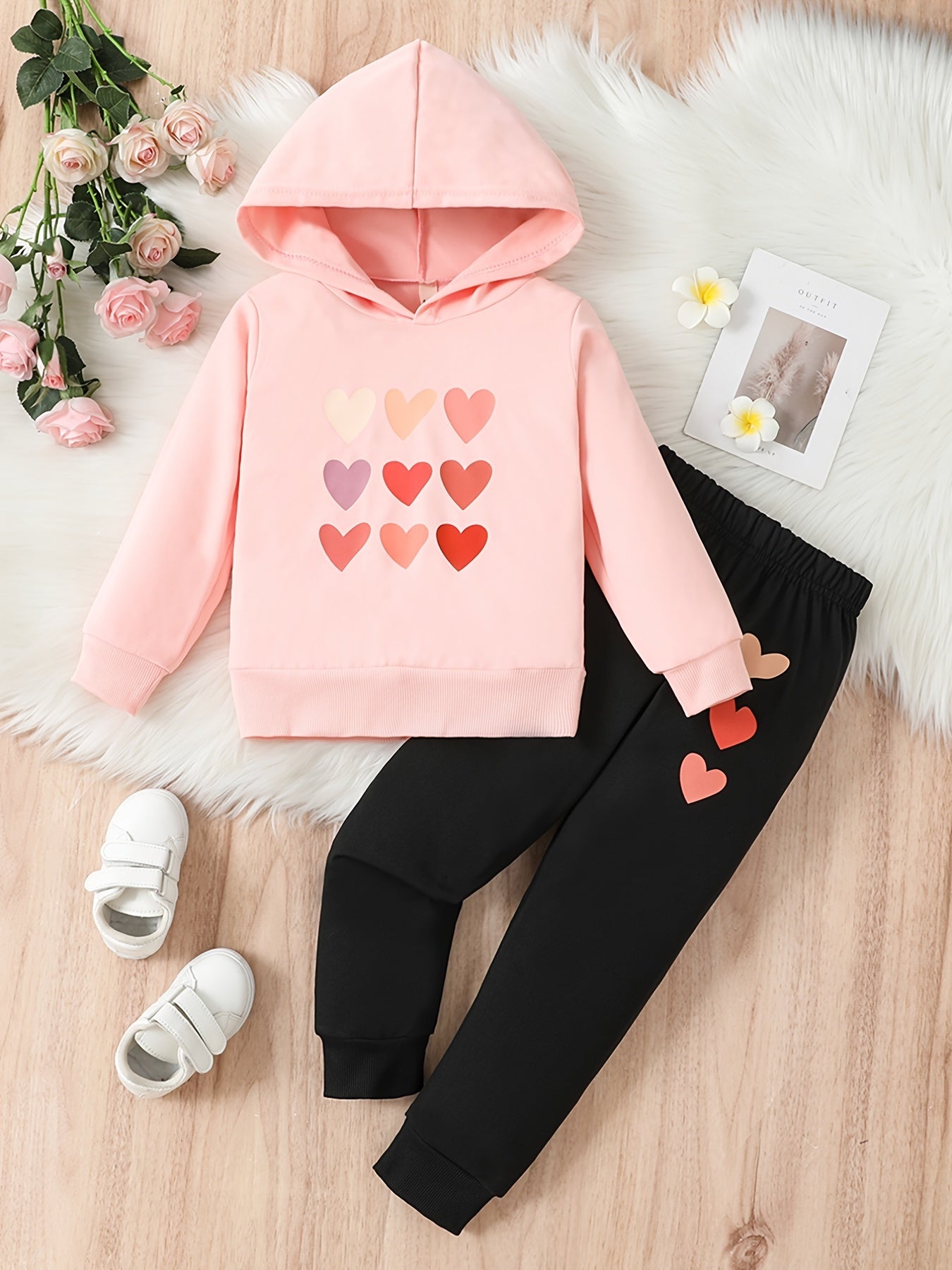 Girl's Heart Print Hoodie and Sweatpants Set Spring Fall Clothes