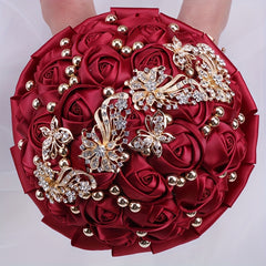 Red Velvet Roses Bridesmaid Bouquet with Crystal and Pearl Accents