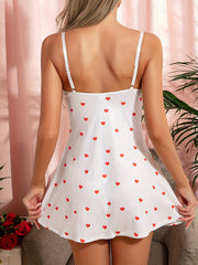 Heart Print Slip Nightdress Sexy Deep V Spaghetti Strap Sleep Dress