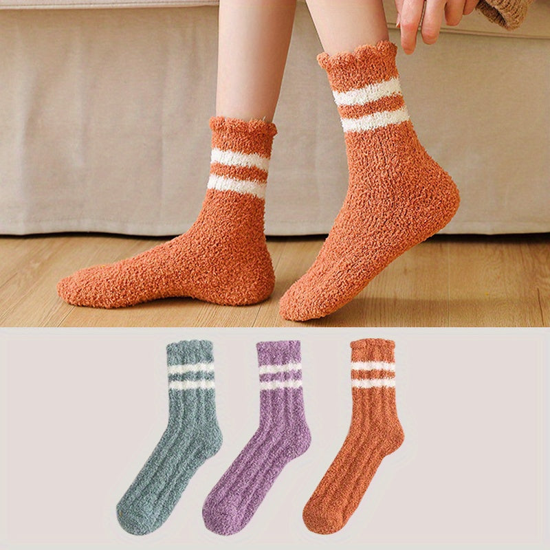 3 Pairs Striped Floor Socks Soft Fuzzy Warm Stockings