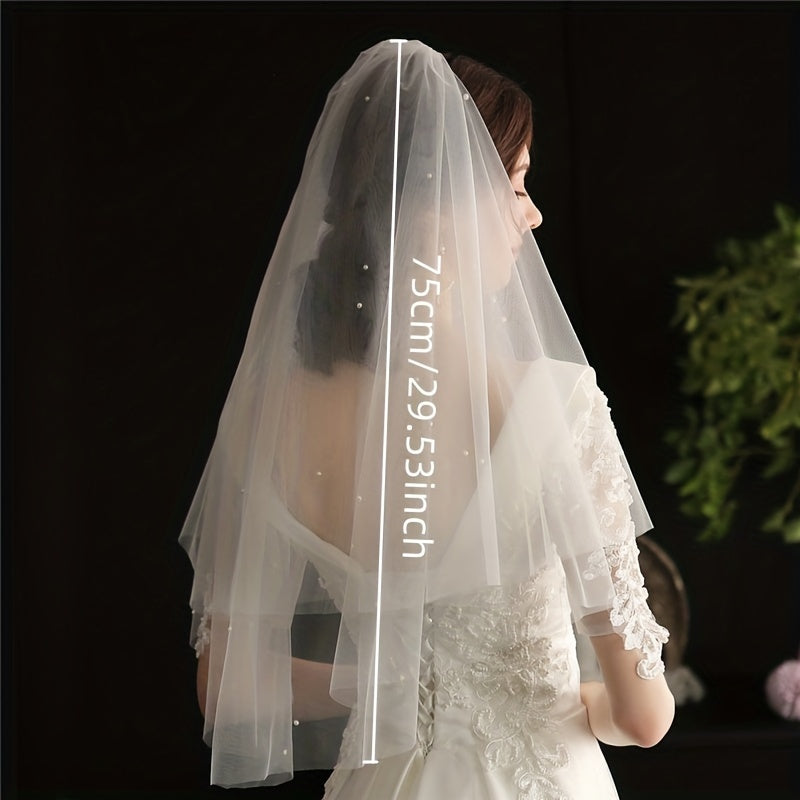 Double Layer Long Head Veil Faux Pearl Mesh Bridal Wedding Hair Accessories