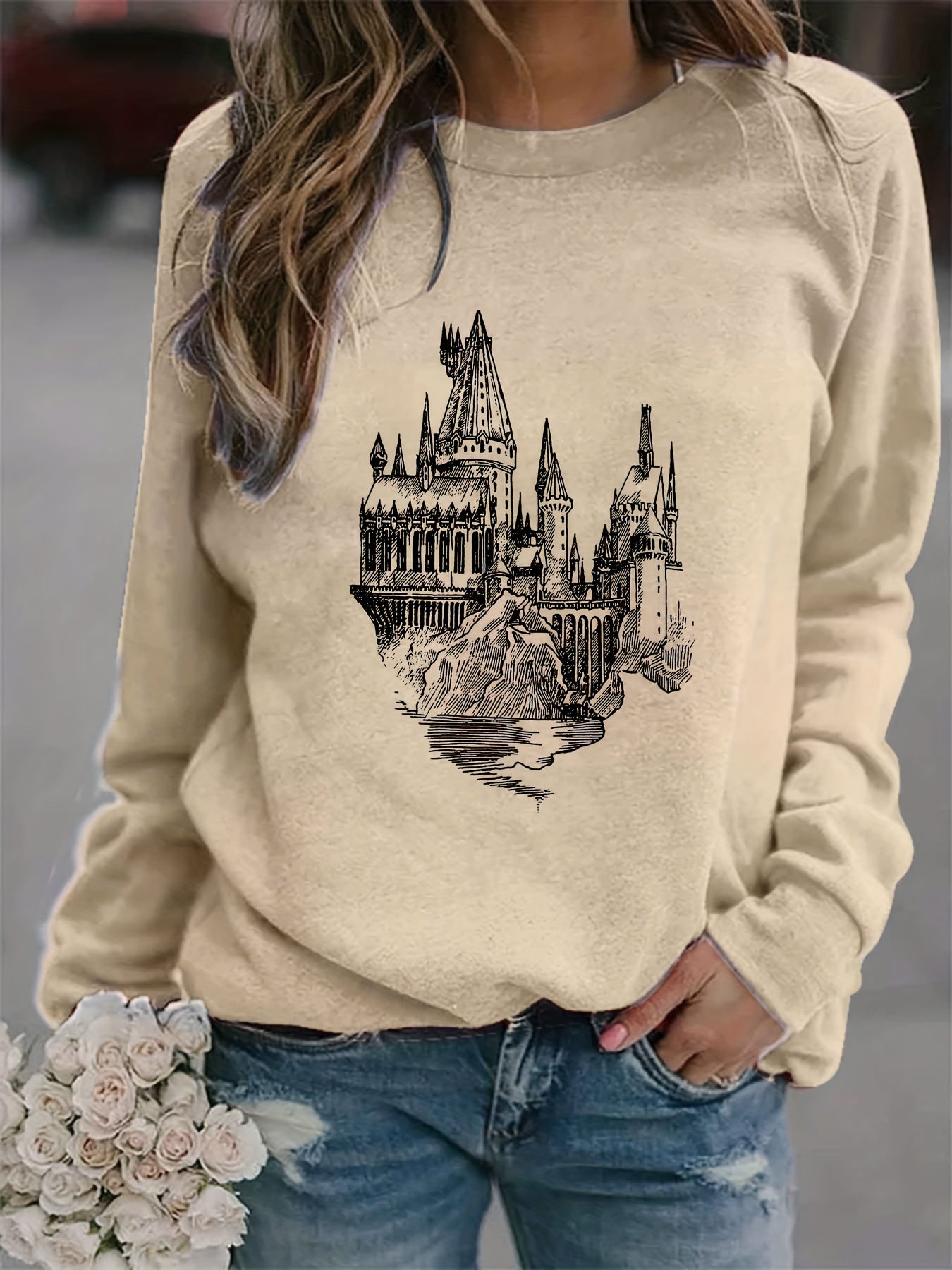 Castle Print Sweatshirt Crew Neck Long Sleeve Casual