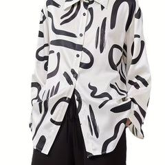 Graffiti Print Button Up Blouse Long Sleeve