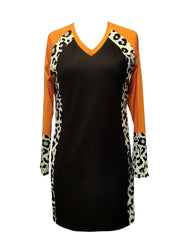 Leopard Print Splicing Dress V Neck Long Sleeve