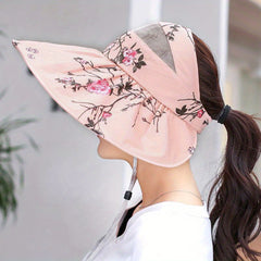 Flower Print Wide Brim Ponytail Sun Hat