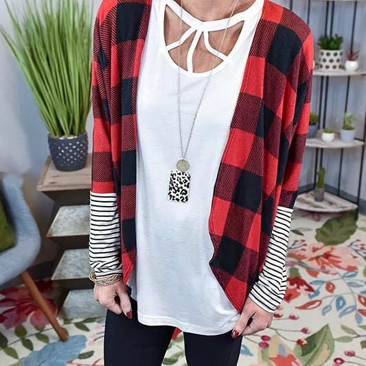 Striped & Plaid Print Long Sleeve Open Front Cardigan