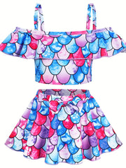 Toddler Girls Unicorn Swimsuit Ruffle Top & Bow Skort Set
