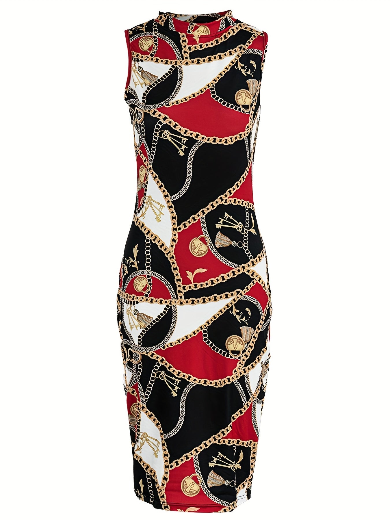 Colorblock Chain Print Mock Neck Slim Fit Dress
