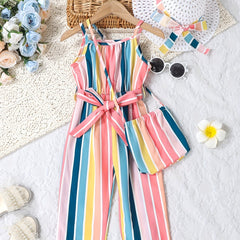 Toddler Girls Striped Belted Cami Romper Set with Hat for Beach Vacation