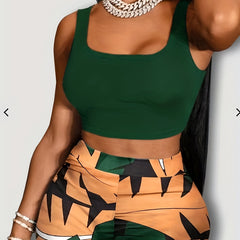 Summer Two Piece Set Cropped Tank Top & Geometric Print Shorts