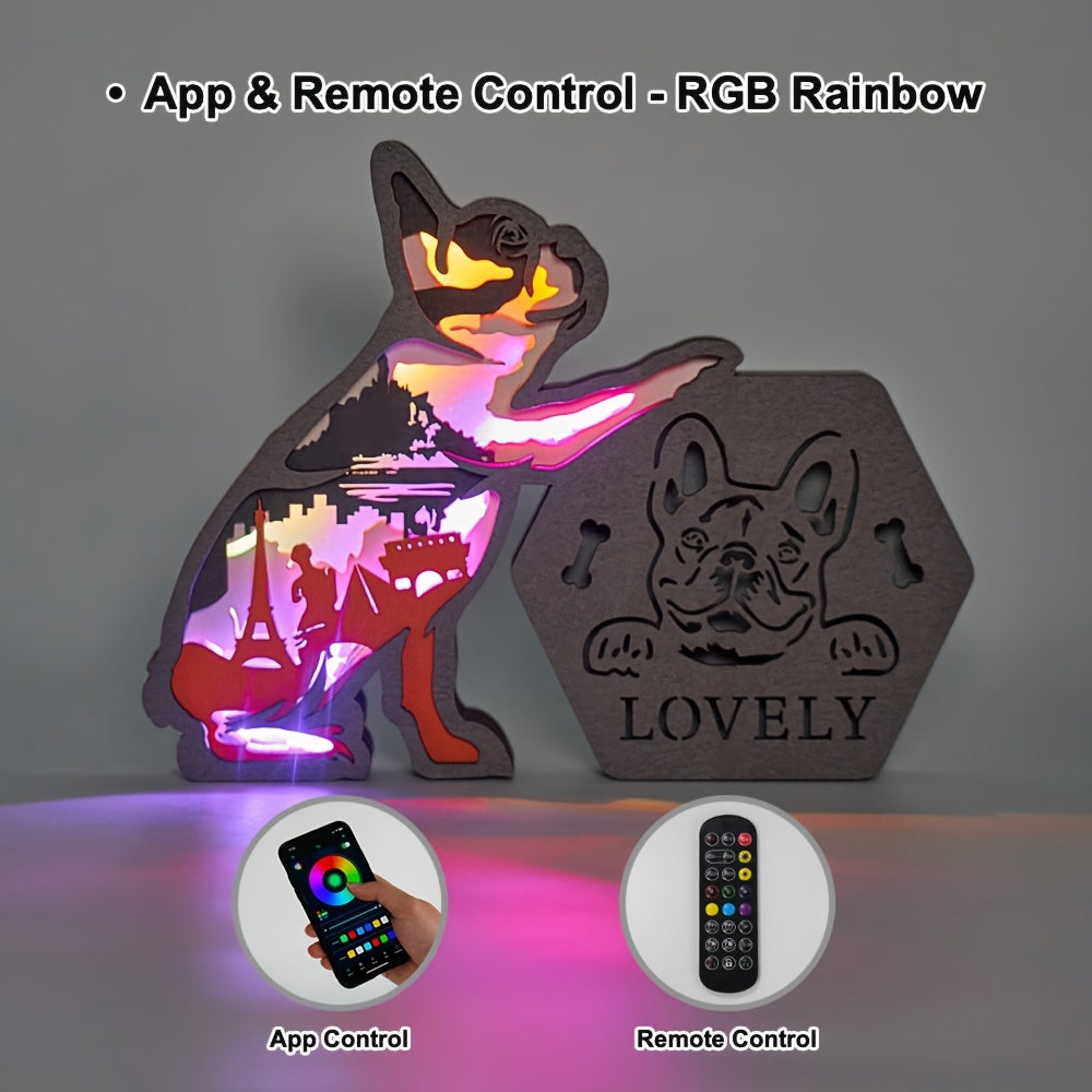 French Bulldog 3D Wooden Carving LED Night Light Pencil Holder