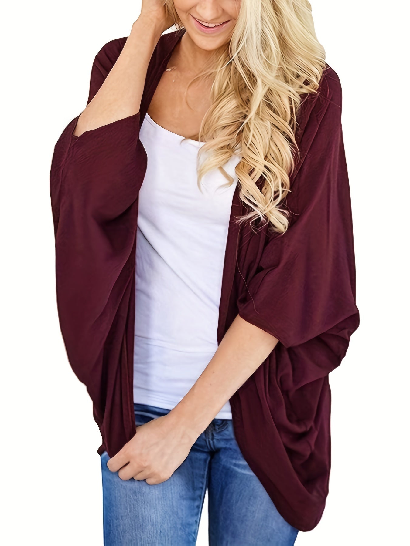 Casual Cardigan Women's Plus Solid Bat Sleeve Open Front
