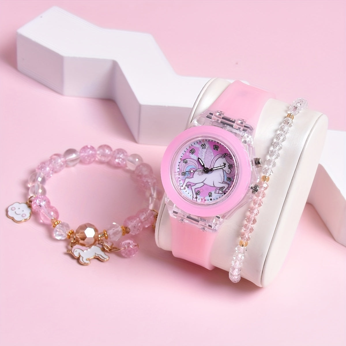 Hot Deal Cartoon Pony Silicone Strap LED Girls Watch Quartz Wristwatch Set