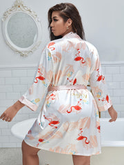 Flamingo Print Satin Nightgown Plus Size Women's Sleepwear Robe