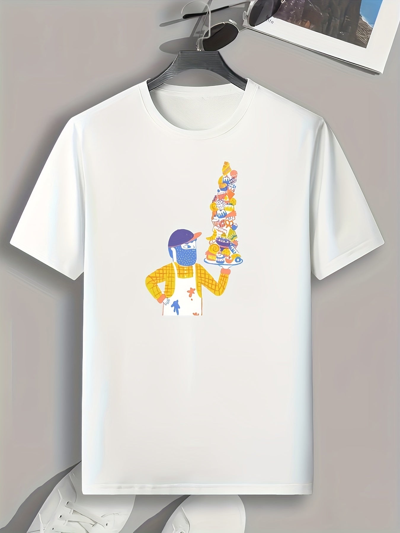 Man & Dessert Print Men's Comfy T shirt Active Slightly Stretch Breathable Tee