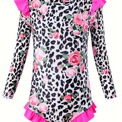 Girls Comfy Sun Protection Leopard Long Sleeve Swimwear
