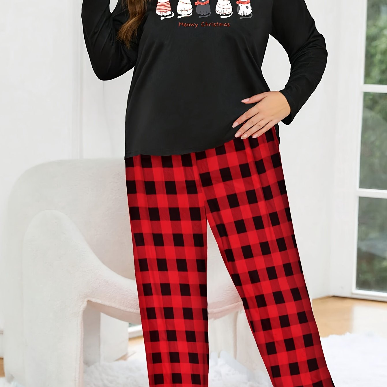 Christmas Pajama Set Women's Cats & Letter Print Tee & Plaid Pants