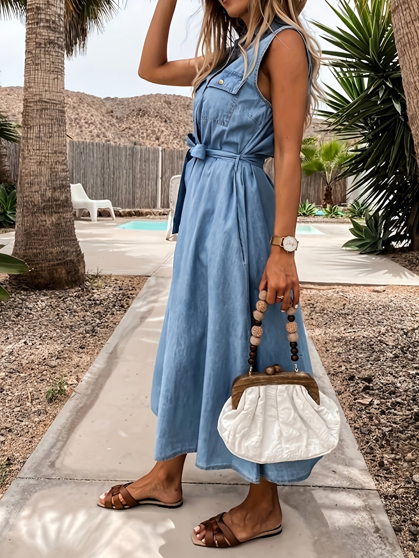 Sleeveless Lapel Denim Dress Single Breasted Button