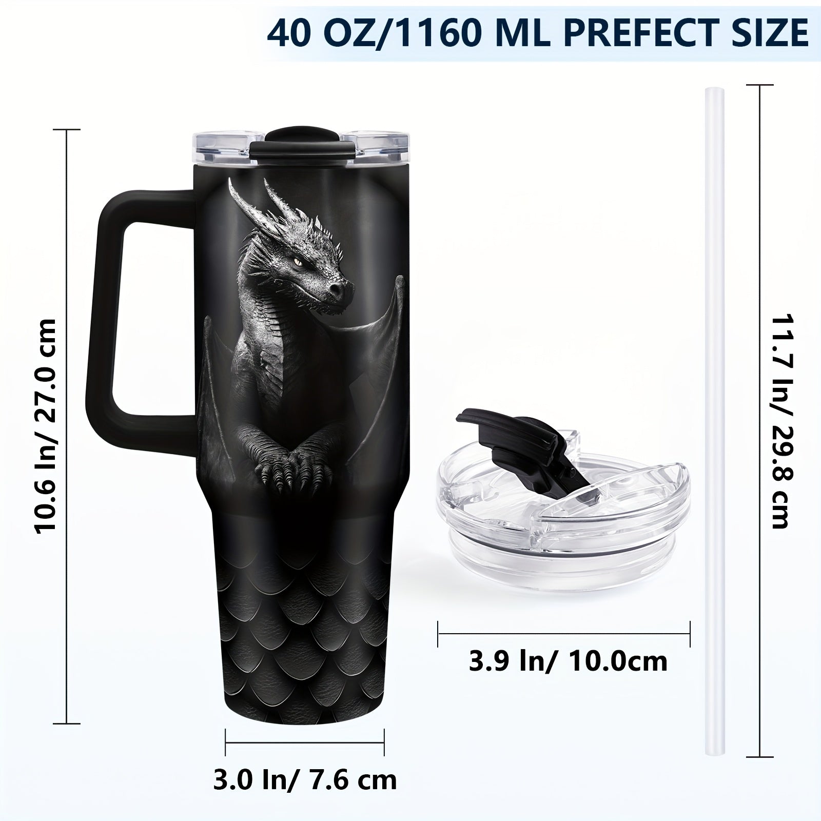 40oz Stainless Steel Dragon Tumbler Insulated Travel Mug with Lid and Handle
