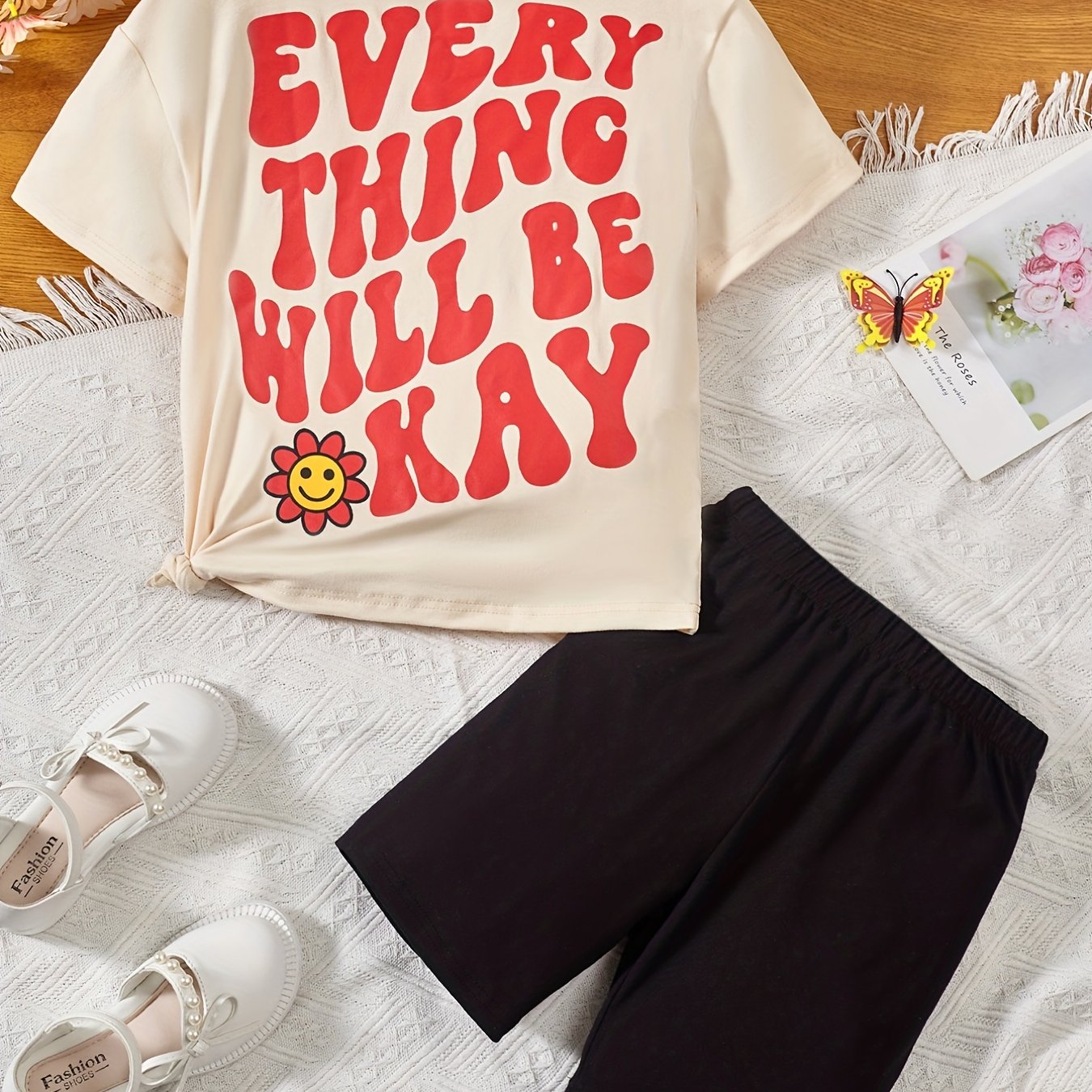 Girls Short Suit 'Everything Will Be Ok' T Shirt & Shorts Set
